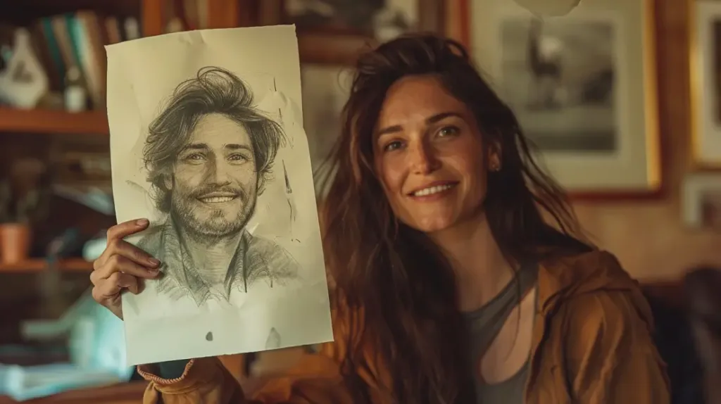 a happy customer next to the sketch of her twin flame - provided by twinflamegalaxy.com