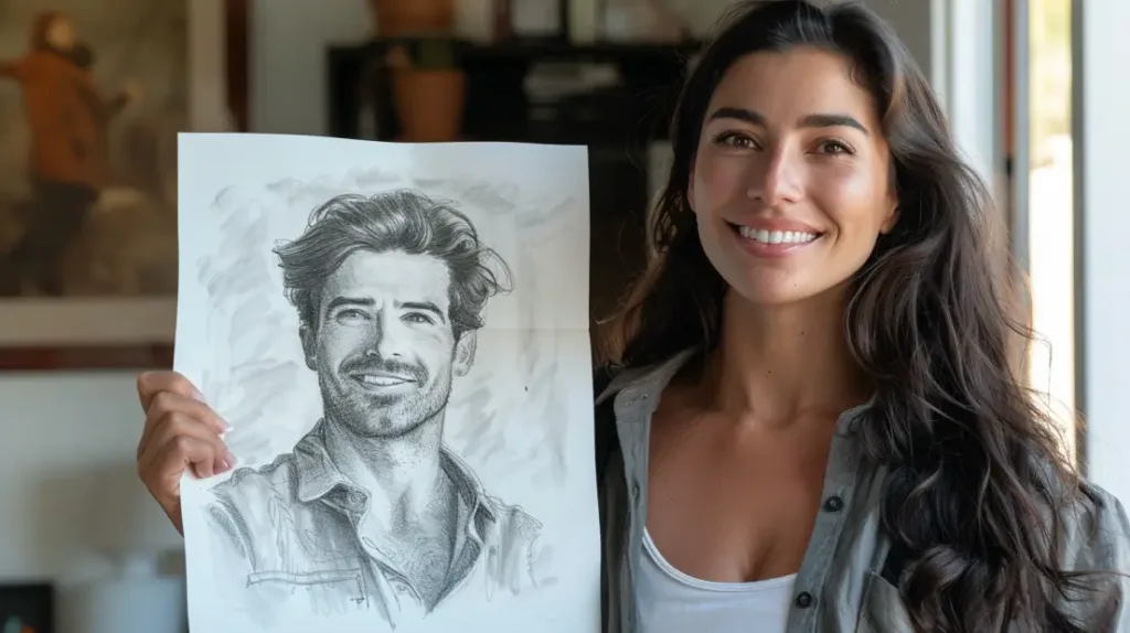 a happy woman showing of her twin flame sketch done by twin flame galaxy