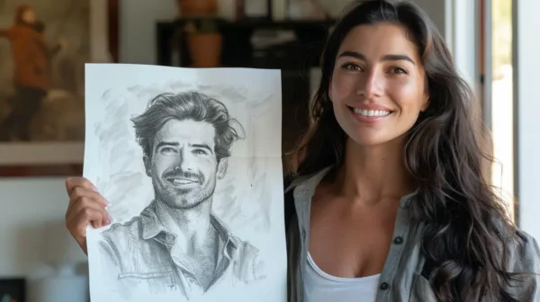 a happy woman showing of her twin flame sketch done by twin flame galaxy