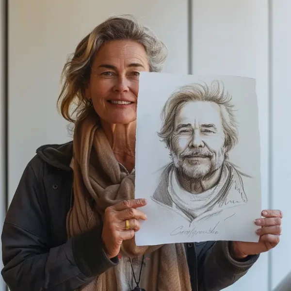 a woman holding up a sketch of her twin flame