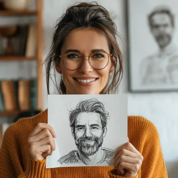 young woman smiling as she is holding up her twin flame sketch provided by twin flame galaxy
