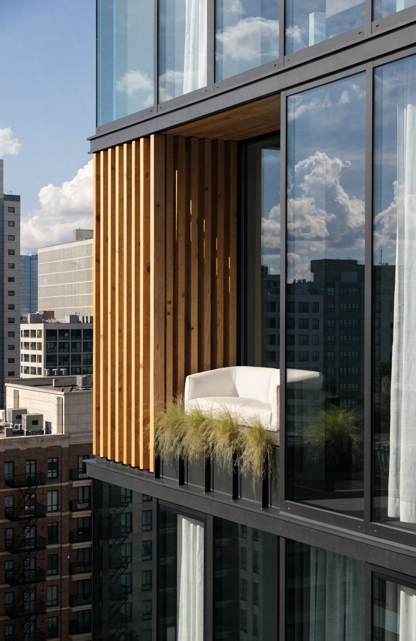 Close-up view of a modern high-rise apartment balcony featuring vertical wooden slats, a white sofa, green plants in black planters, and large glass panels with city buildings in the background.
