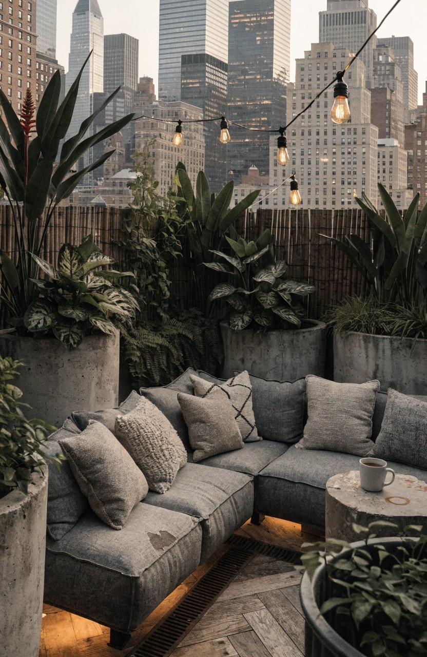 Gray L-shaped sofa on a corner balcony with wooden deck flooring, surrounded by bamboo privacy screens and large potted plants in concrete containers, string lights overhead, and city buildings in the background.