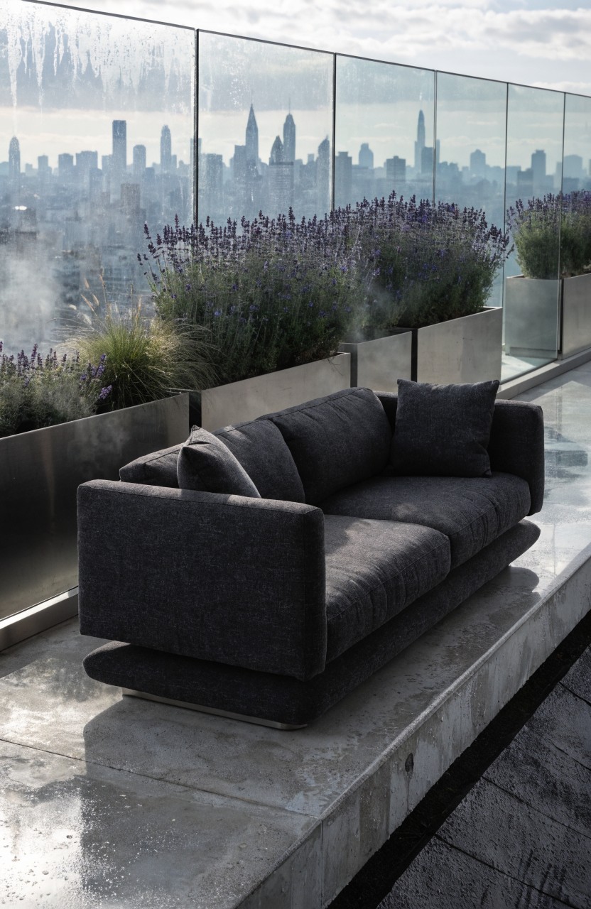 Gray modern sofa on a concrete balcony floor against a glass railing, flanked by large stainless steel planters filled with lavender flowers and tall grasses, overlooking a city skyline.