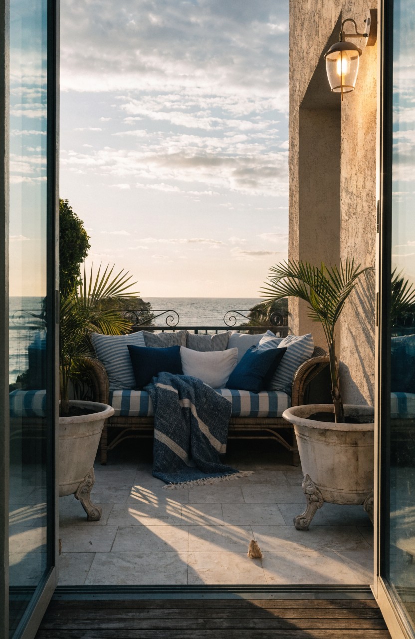 Glass doors open to a balcony terrace featuring a wicker sofa with blue cushions and pillows flanked by two large white pots of palm plants, with an ocean view beyond.