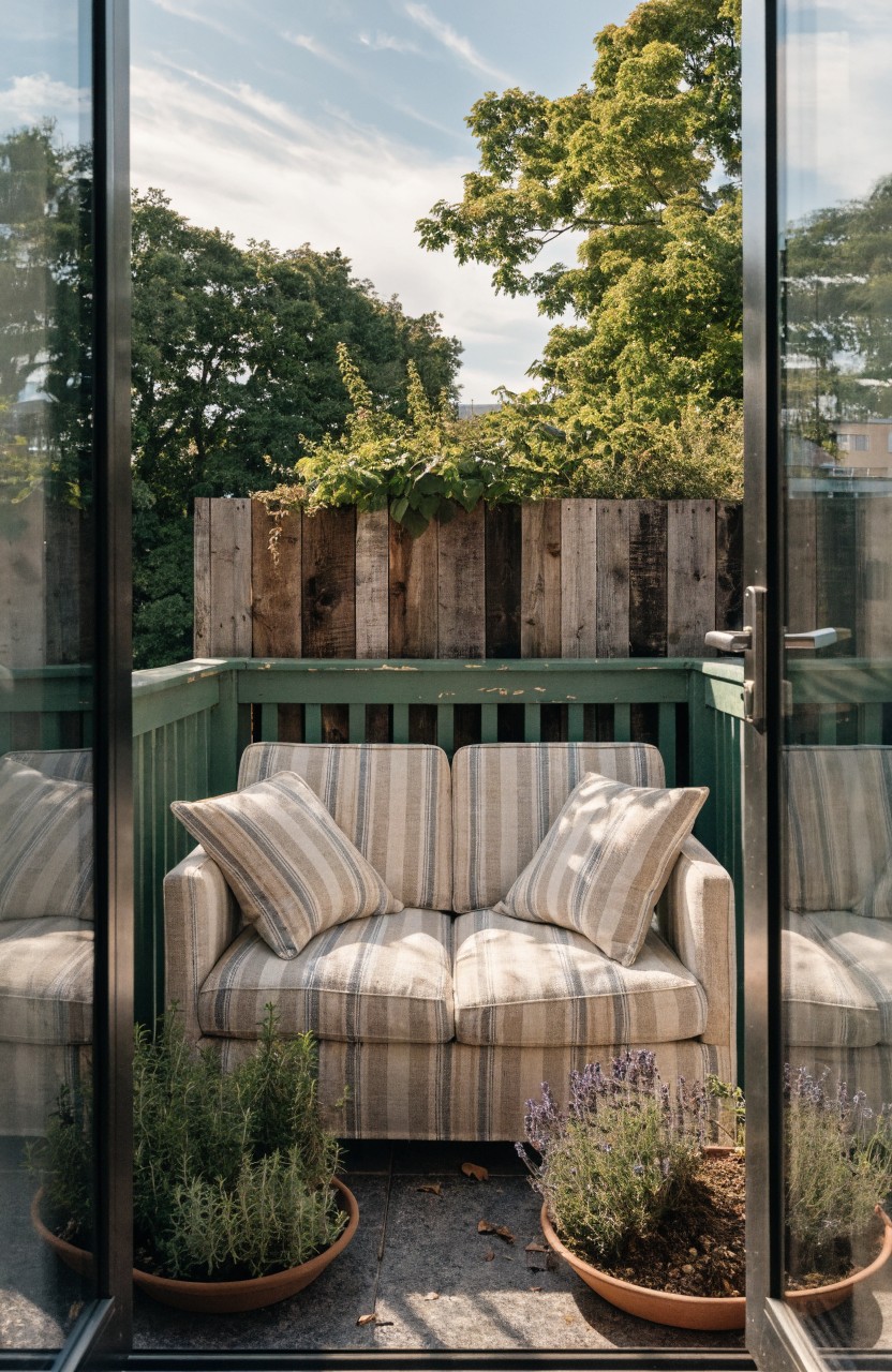 Open glass doors showing a beige striped two-seater sofa on a balcony against a green wooden balustrade, with terracotta pots of herbs and lavender plants in front, a weathered wooden fence, and trees beyond.
