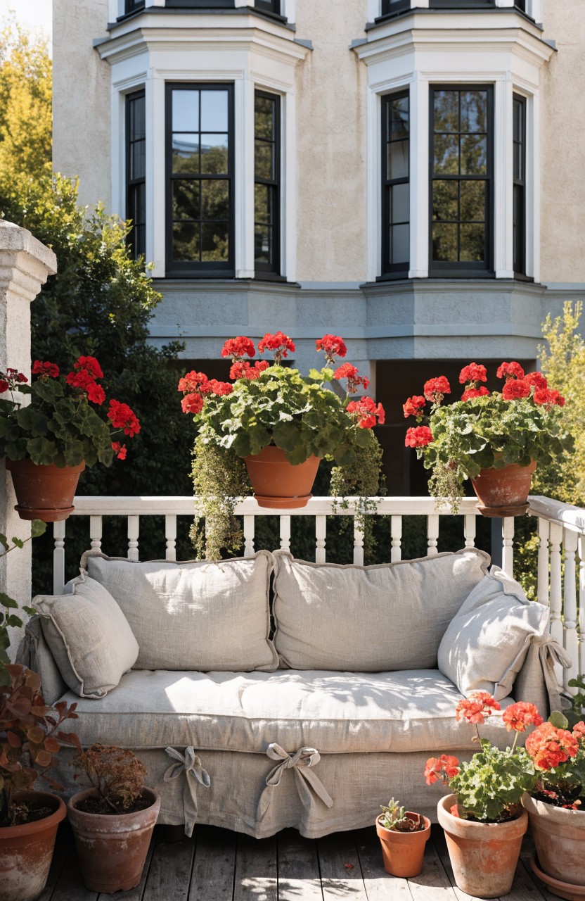 Beige sofa on a wooden balcony deck with white railing, surrounded by terracotta pots of red geraniums, in front of a light blue-gray house with dark window frames and greenery.