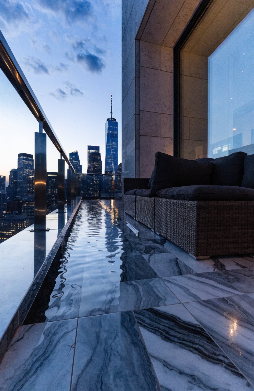 Apartment balcony at dusk with a long narrow reflecting pool along the glass railing, modular low sofas on marble flooring, and New York City skyline view including One World Trade Center.