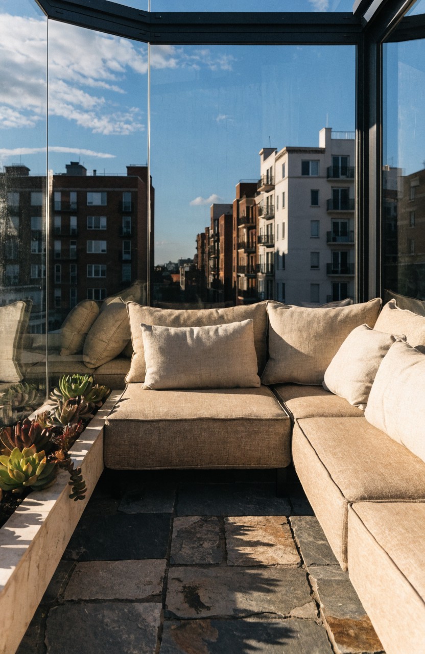 Glass-enclosed balcony with beige L-shaped sofa, potted succulents along the base, stone tile floor, and city buildings visible through the walls.
