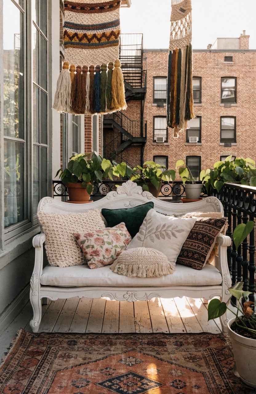 White loveseat sofa with assorted pillows on a wooden balcony deck next to potted plants and hanging macrame textiles, with black metal railing and brick buildings in the background.
