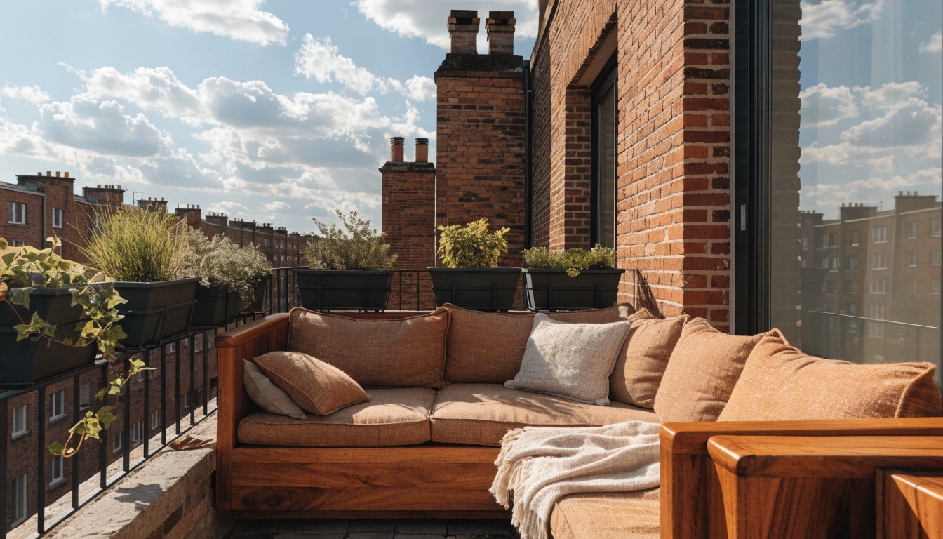 A beige-cushioned wooden sofa with a light blanket on a deck balcony next to a glass door, with potted succulents and plants against a brick wall and two chimneys under a blue sky.