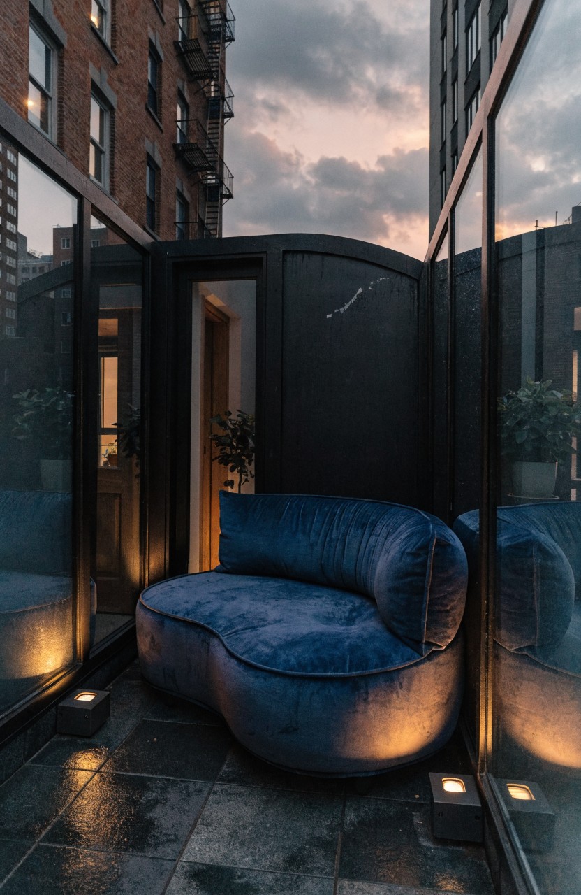 Curved blue velvet sofa on a wet tiled balcony floor inside tall glass walls with black frames, plants nearby, warm ground lights, and urban buildings visible at dusk.
