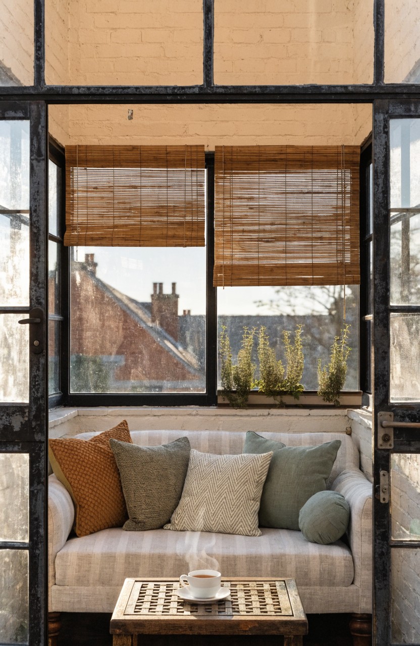 A white striped sofa with assorted cushions in greens and oranges sits against black metal-framed glass walls in an enclosed balcony, with bamboo blinds drawn halfway, a low wooden table holding a teacup, and plants on the sill overlooking brick buildings.