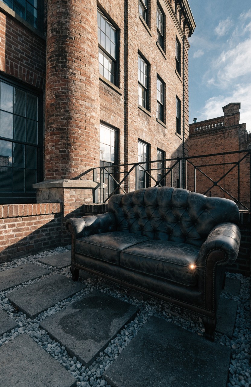 A tufted brown leather sofa positioned on a gravel and stone paver terrace balcony next to a red brick building with black-framed windows and metal railings.