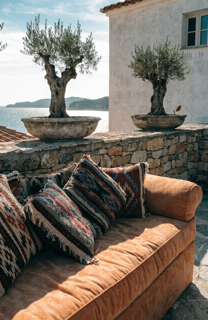 Potted Olive Trees on Balcony Walls