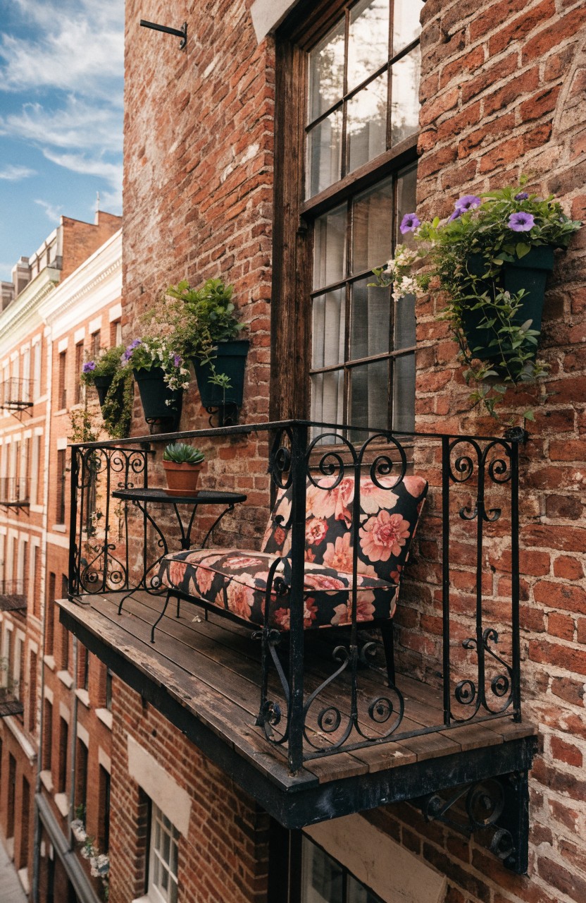 Close view of a narrow apartment balcony with black wrought iron railing, brick building wall, floral-patterned loveseat sofa, small table, and hanging plants including purple flowers.