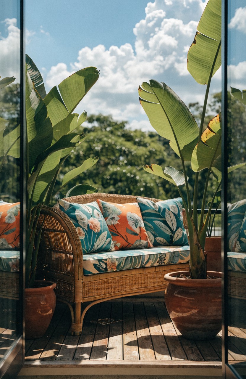 Glass doors framing a wooden balcony deck with rattan sofa in colorful cushions between two large terracotta pots of banana plants and tropical greenery beyond.