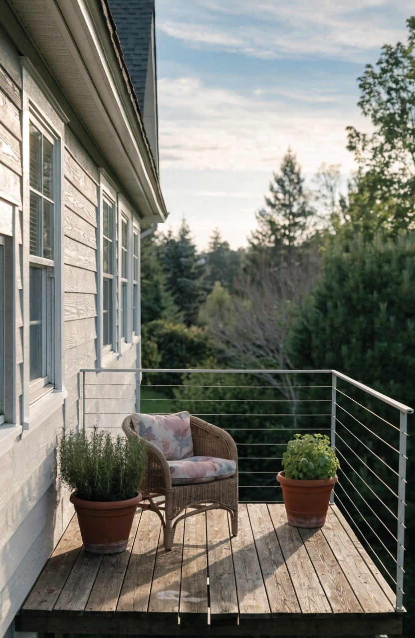 White clapboard house exterior with projecting wooden balcony deck, metal cable railing, single wicker chair with floral cushion, two terracotta pots containing green herb plants, and surrounding trees.