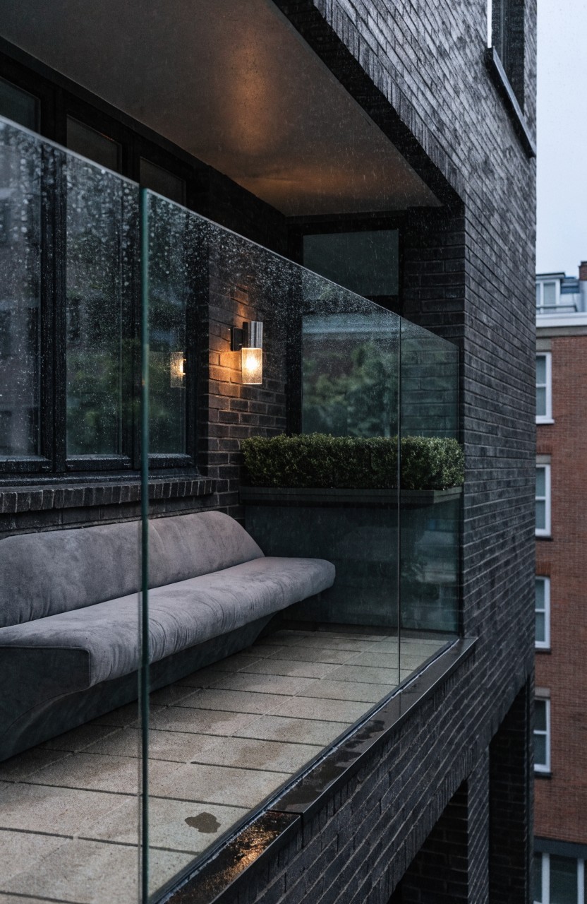Black brick building exterior with a balcony featuring clear glass railing, long gray bench seat, boxwood planters, and paired wall sconces on a rainy day.