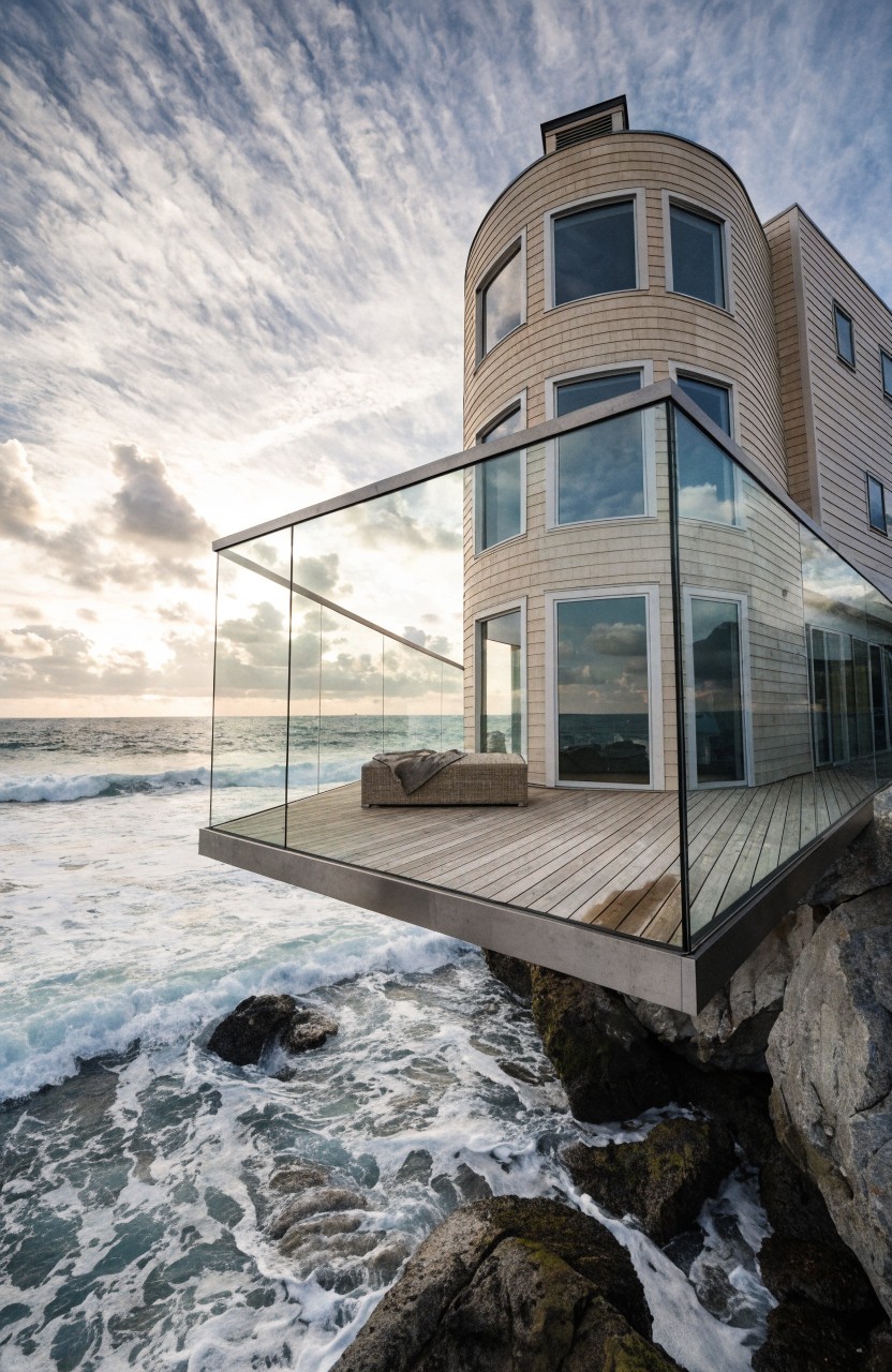 Curved beige shingled modern house with large windows and a cantilevered wooden balcony enclosed by glass railings, extending over rocky ocean shoreline with waves crashing below under a cloudy sky.