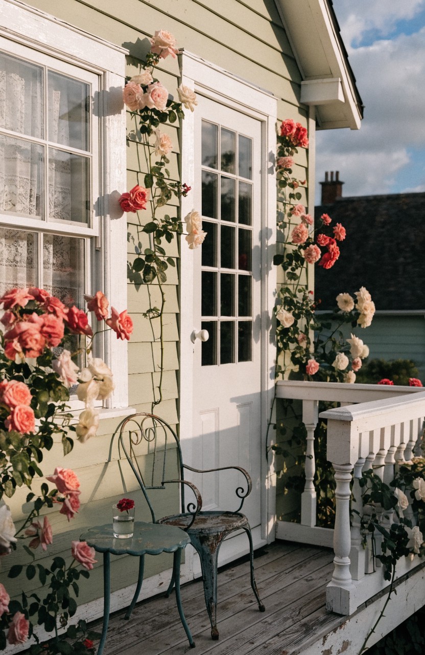 Light green house exterior with pink and white climbing roses covering walls and balcony railing, white glass door, wooden deck balcony with white railing, green metal chair and small table.