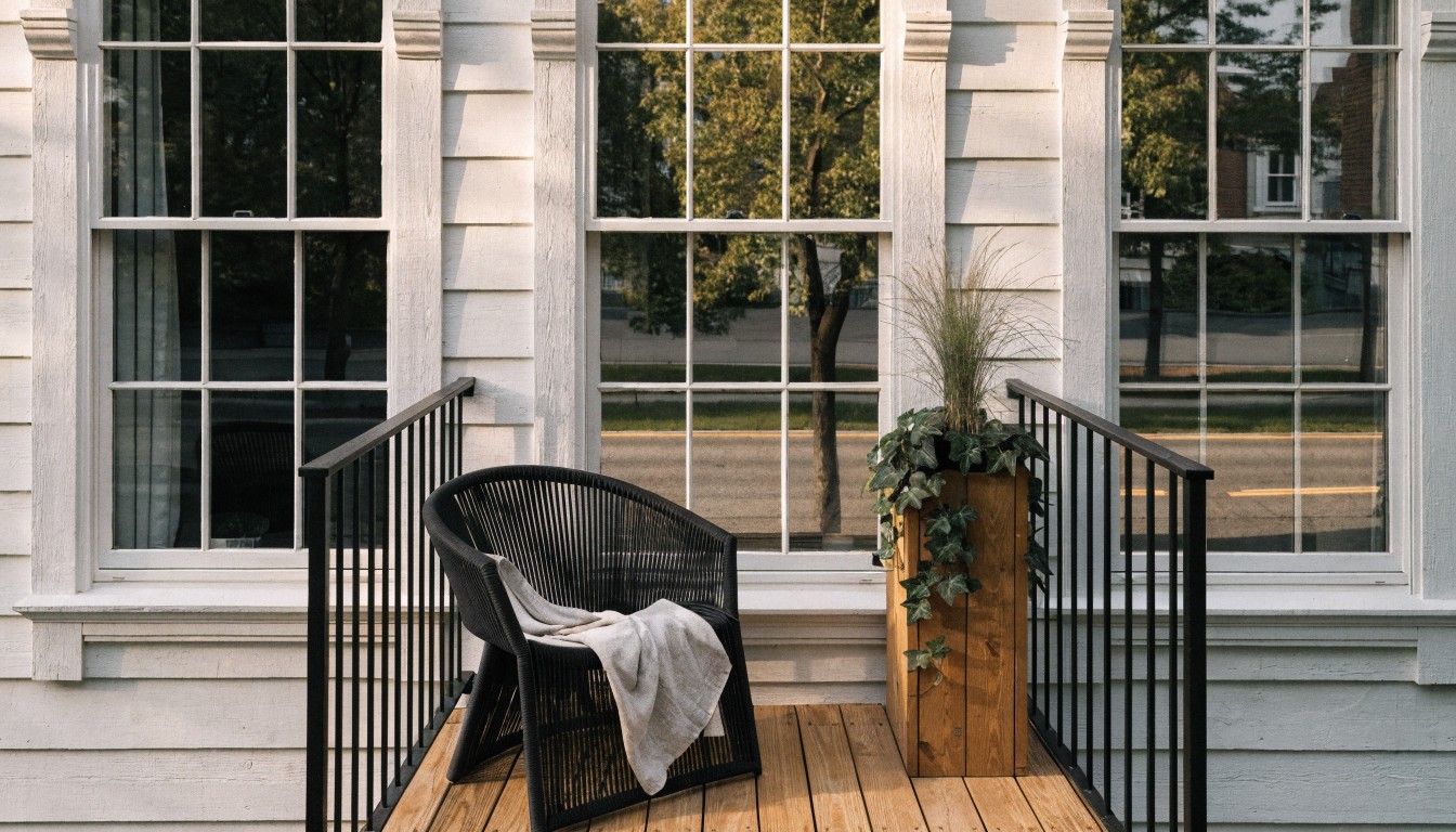 Beige woven armchair with white cushions and light throw on wooden balcony deck with black railing, potted ivy plant and grass beside it, overlooking urban street with cars and trees.