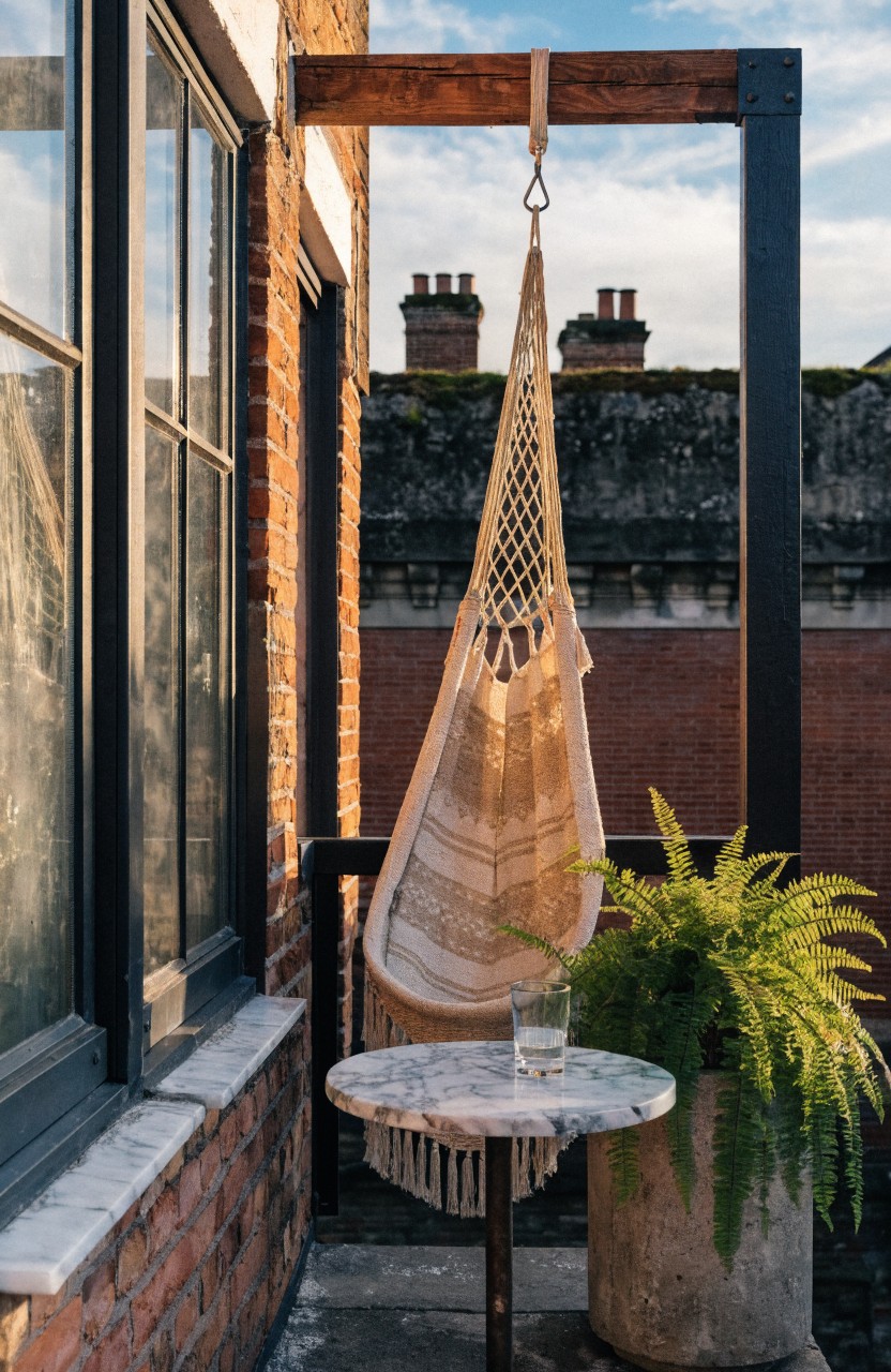 Beige netted hammock suspended from black metal frame on brick balcony with small white marble-topped table holding glass next to potted fern plant.