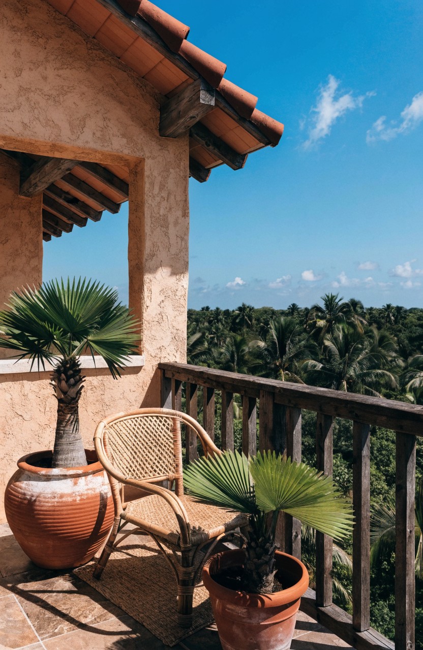 Beige stucco balcony with terracotta tile roof, two tall potted fan palms in large terracotta pots flanking a rattan armchair, additional small potted plants, wooden railing, overlooking dense tropical palm landscape under blue sky.