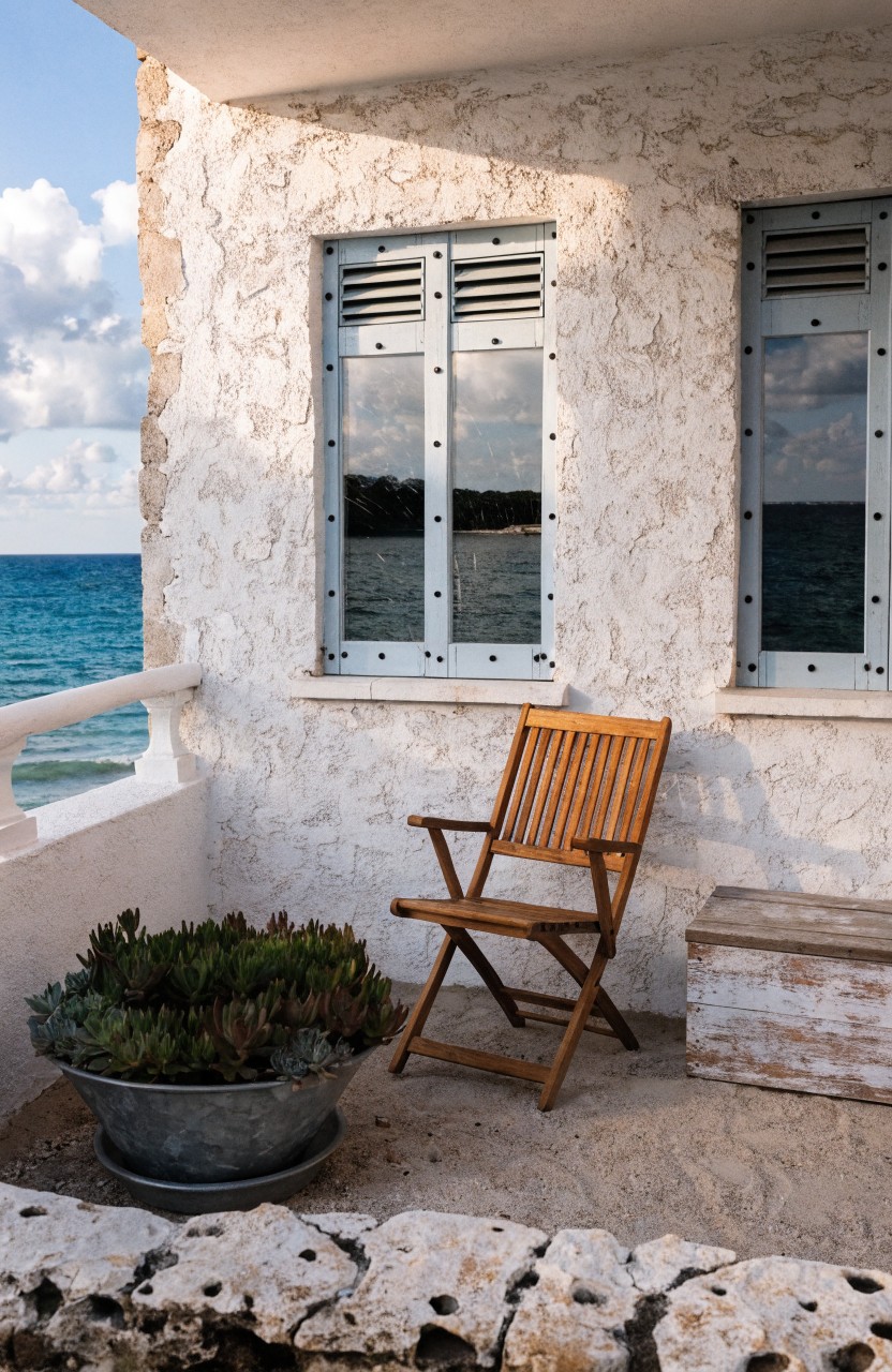 White stucco balcony wall with two blue-shuttered windows overlooking the ocean, a wooden folding chair, wooden crate, and large galvanized metal planter with clustered succulents on sandy floor.