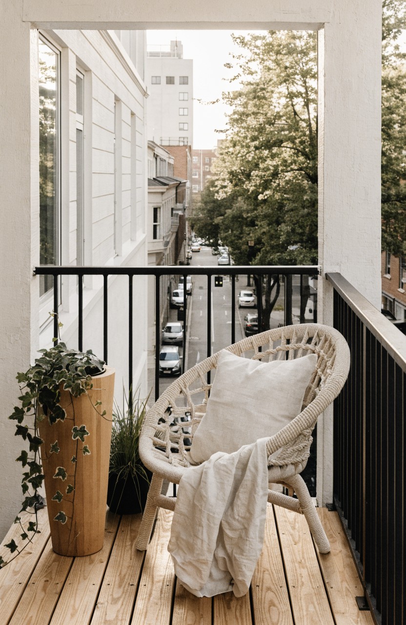 Beige woven armchair with white cushions and light throw on wooden balcony deck with black railing, potted ivy plant and grass beside it, overlooking urban street with cars and trees.