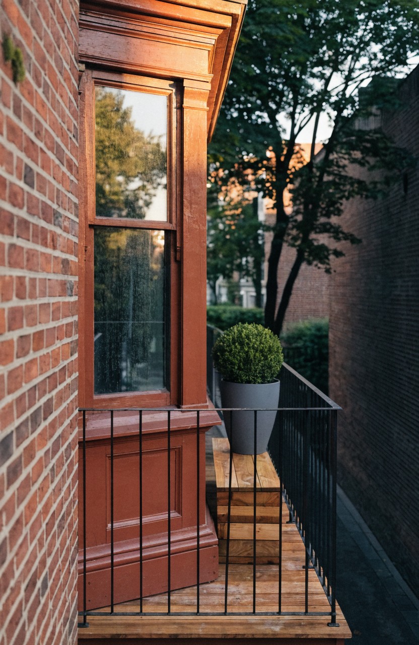 Close view of a narrow exterior balcony on a red brick building with black metal railing, wooden platform, stacked wooden blocks for seating, gray pot with round boxwood shrub, and a large window.