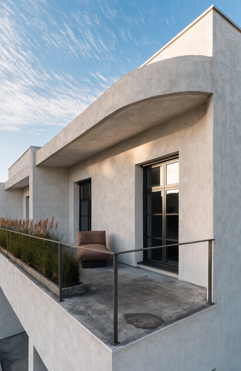 White stucco house exterior with cantilevered balcony, single brown lounge chair, tall grasses in planters along metal railing, black-framed windows, and curved overhang under blue sky.
