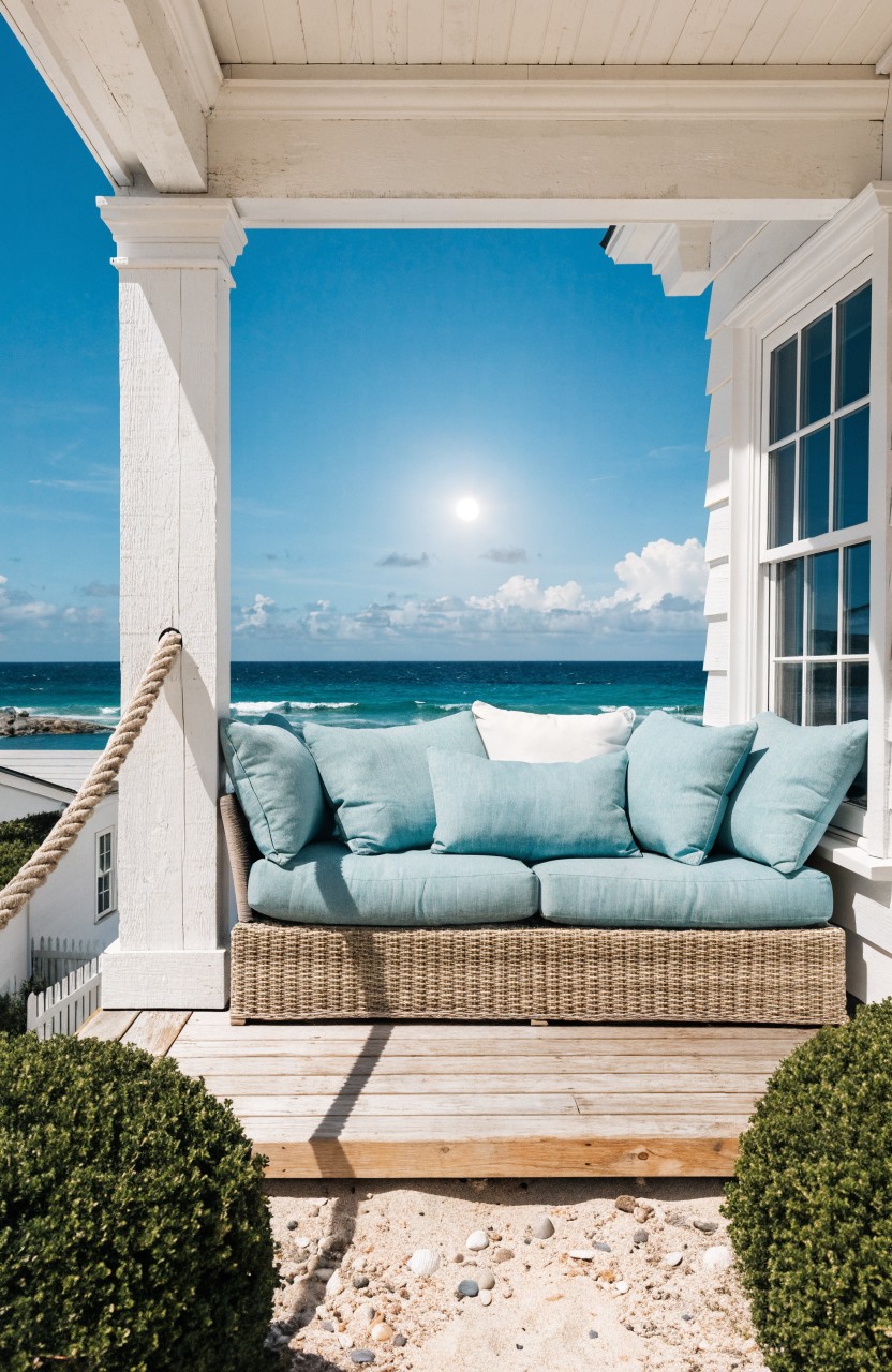 White-columned porch balcony with turquoise cushions on a wicker sofa facing the ocean under blue sky with white clouds.