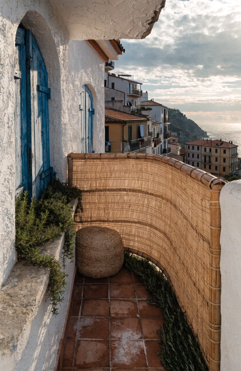 White stucco balcony with blue shutters on arched windows, curved tan woven bamboo privacy screen, terracotta tile floor, trailing green plants, round woven pouf, overlooking hillside buildings and sea at dusk.