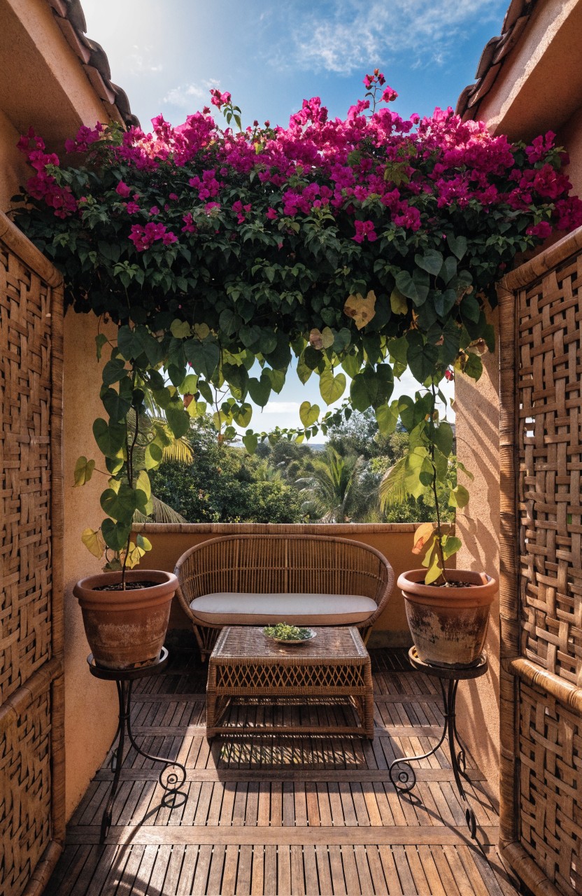 Balcony with wooden decking, rattan sofa and low table flanked by terracotta pots, bamboo lattice privacy screens on sides, purple bougainvillea vines cascading overhead, and tropical greenery view beyond.