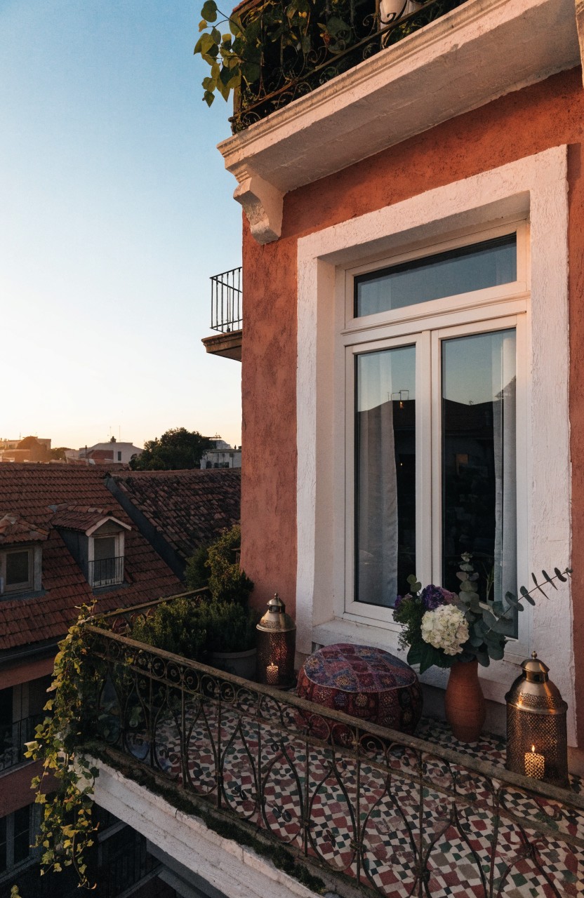 A small balcony on a terracotta stucco building with wrought iron railing overgrown with vines, patterned tile floor, colorful cushion, brass lanterns, potted plants, and white flowers with eucalyptus in terracotta pots.