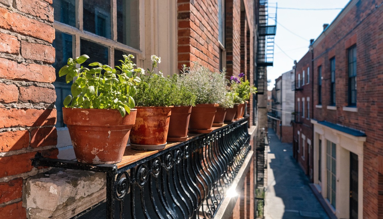 Wrought iron balcony railing on red brick wall holding several orange terracotta pots filled with green plants and purple flowers, beside a green window frame with white curtains.