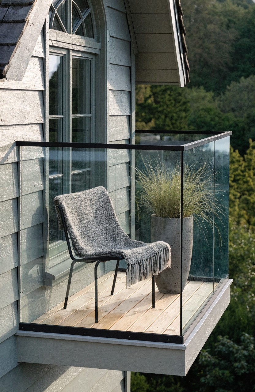 Small exterior balcony with clear glass railings and light wood decking holds a single gray woven chair with a draped blanket and a tall potted grass plant next to a gray wooden house wall and large window amid green woods.