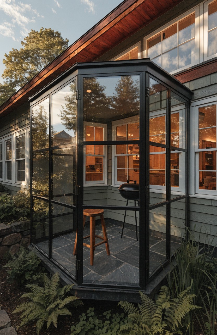 Octagonal black metal-framed glass enclosure attached to the corner of a green clapboard house, containing a wooden stool and metal grill on a dark slate floor, surrounded by plants and trees.
