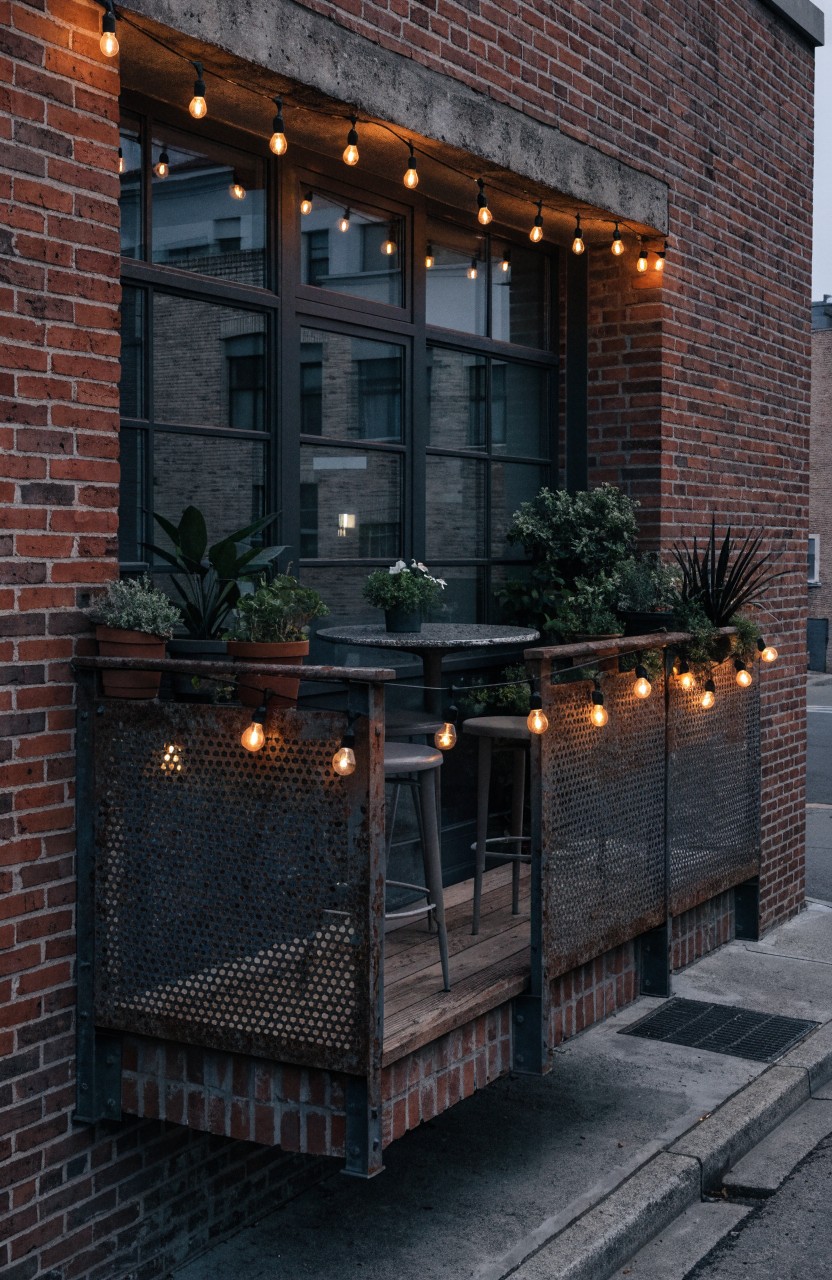Brick exterior of a building with a second-floor balcony enclosed by metal mesh railings, featuring a wood deck, small metal table and stools, potted plants, and hanging string lights.