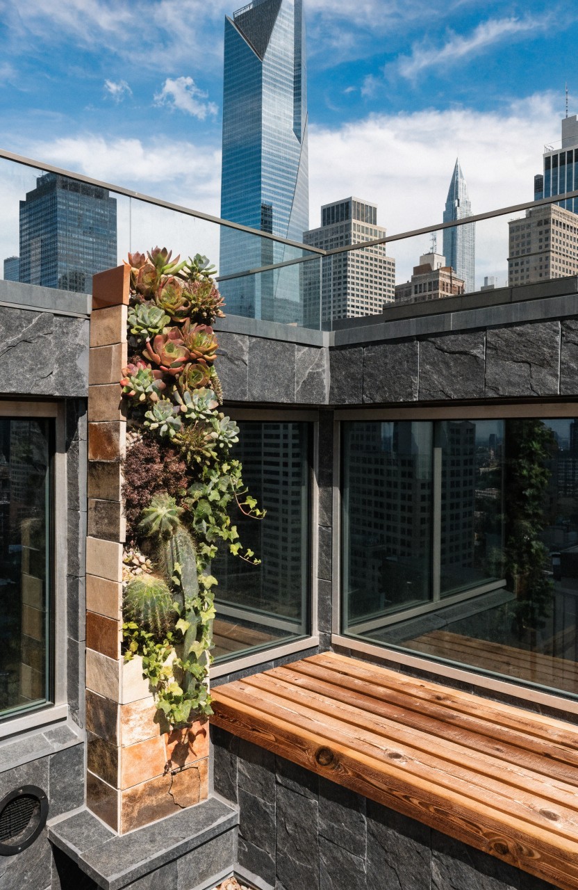 Rooftop balcony corner with tall stacked stone pillar planted with succulents and vines, wooden bench, glass railings, black stone walls, and city skyscrapers in background.