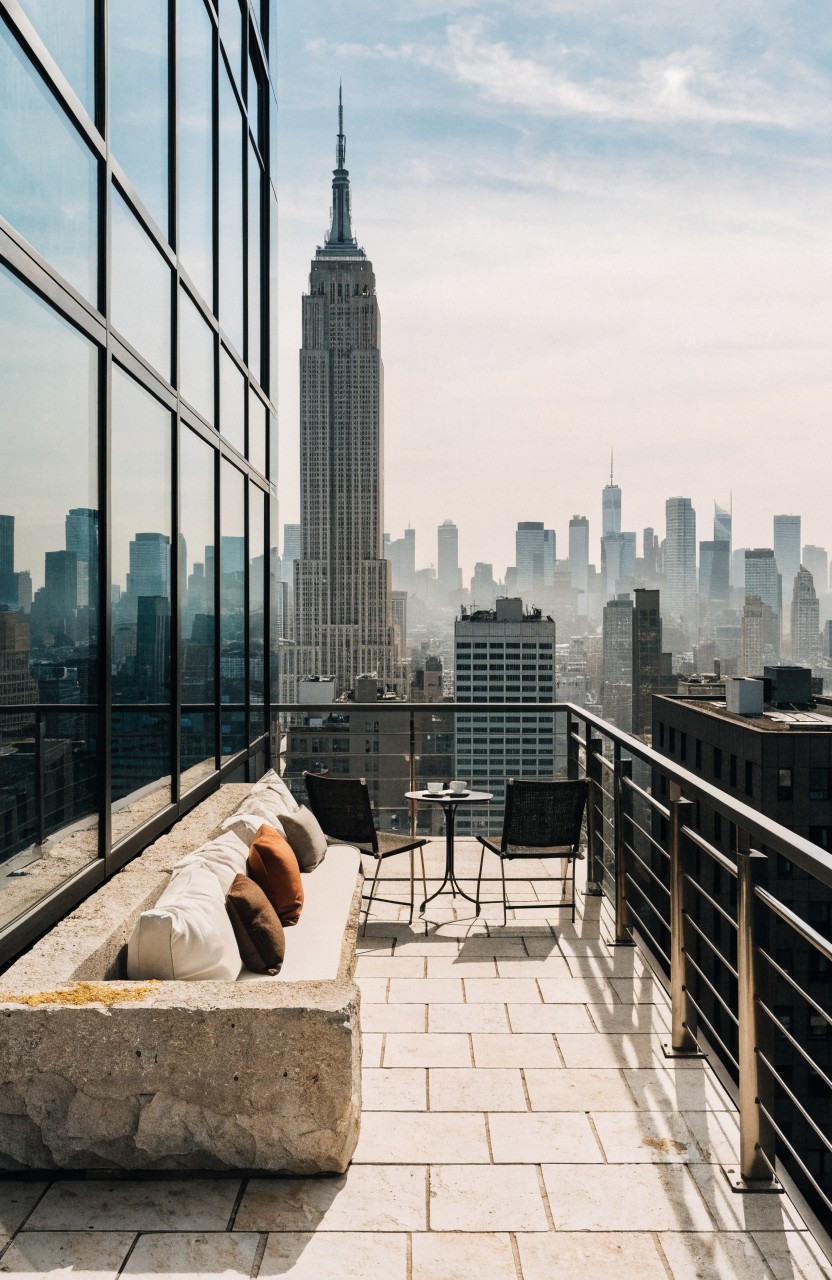 High-rise balcony with a long cushioned stone bench, two chairs around a small table, glass railing, and view of the Empire State Building and New York City skyline.