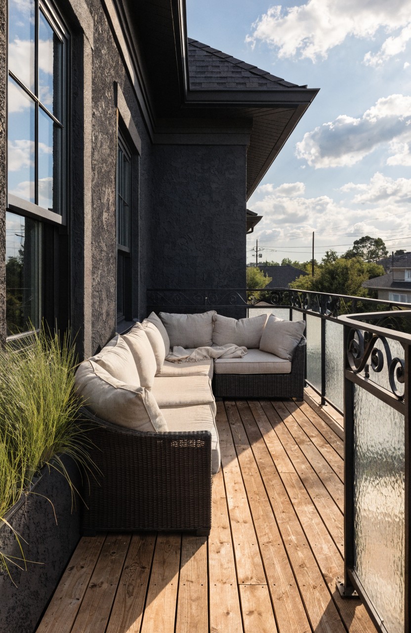 Modern black house with wooden balcony deck, beige L-shaped outdoor sofa with cushions, tall potted grasses, and glass railings with metal accents.