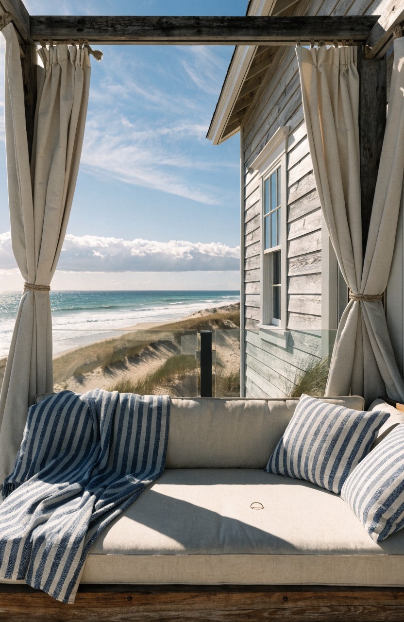 Curtained wooden cabana balcony with beige couch, blue striped pillows, and blue throw blanket, overlooking sandy dunes, beach, and ocean next to weathered clapboard house under partly cloudy sky.