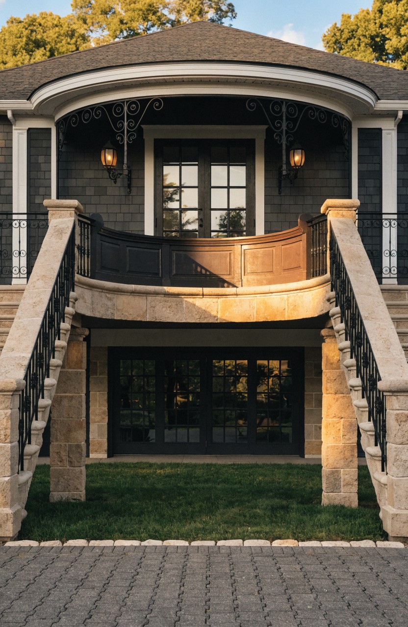 Two-story home exterior with dark siding, a second-floor balcony featuring black wrought iron railings supported by beige stone pillars and arches, curved stairs on each side leading to a lower covered entry, flanked by lanterns and grass with a paver driveway.
