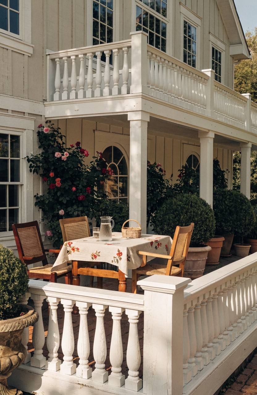 Beige clapboard house with white porch columns and balcony railings, wooden table covered in checkered cloth with pitcher, wood armchairs, climbing pink roses on walls, potted plants, and boxwood shrubs.