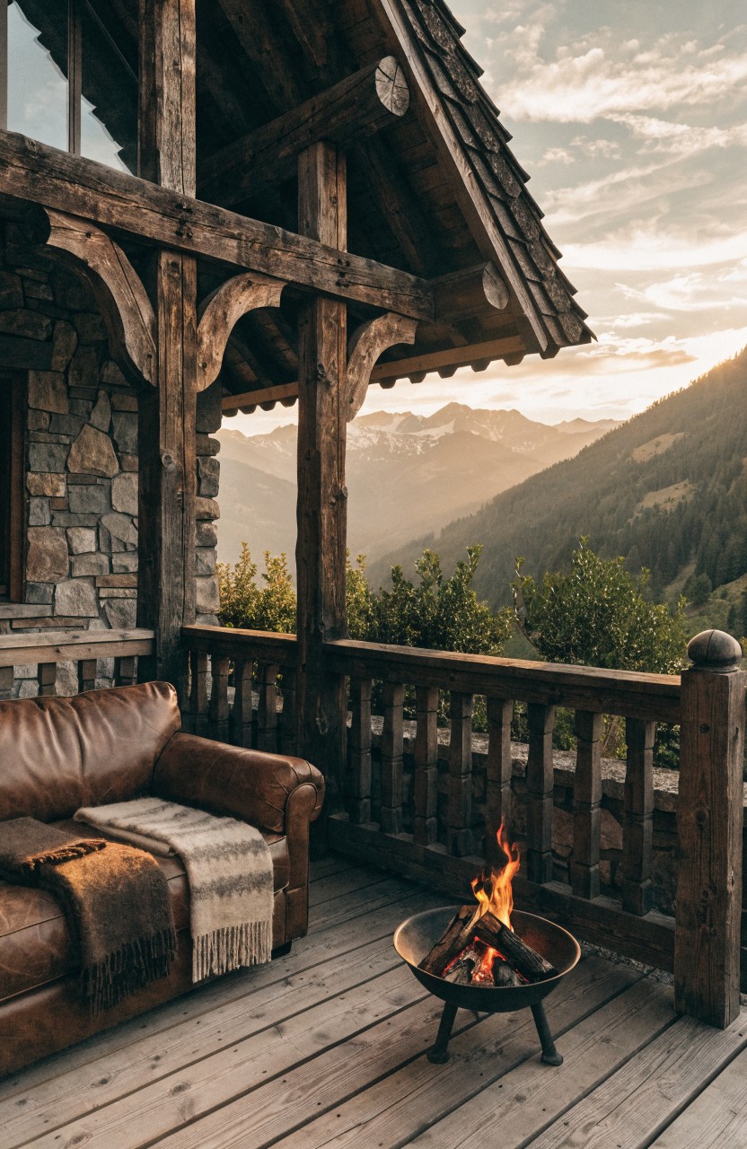 Wooden balcony deck of a chalet home with brown leather sofa and gray blanket, central metal fire pit with flames, stone base wall, wooden beams and railing, overlooking mountains at sunset.