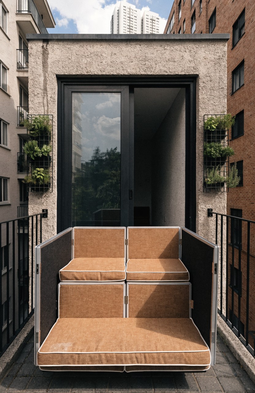 Small urban balcony with tan cushioned modular seating unit shaped like steps, metal railings, planters with greenery, and sliding glass door behind.