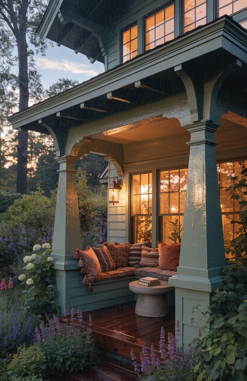 Green painted house exterior with covered porch, built-in bench piled with orange cushions and pillows, small round table, wooden deck, plants, and warm interior lighting.