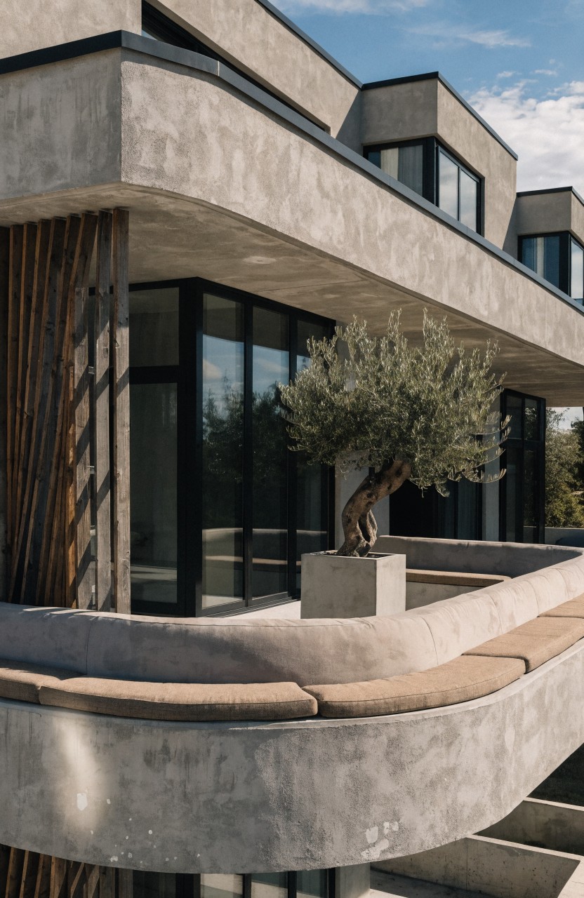 Gray concrete balcony on a modern house with curved tan concrete bench seating along the edge, large black-framed glass doors, potted olive tree, vertical wood slats, and overhanging roofline against a blue sky.